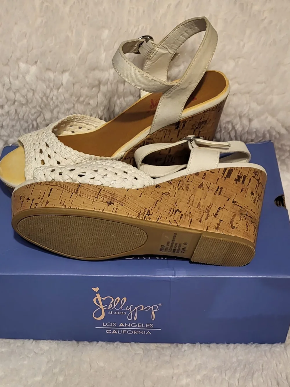 Jellypop White Woven Cork Platform Wedges with Ankle Strap